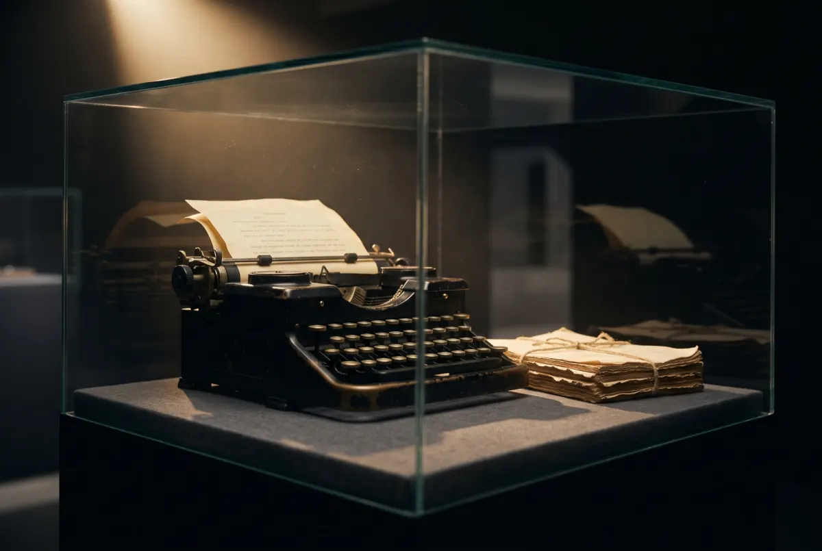 A black typewriter with a page of script in the roller and a bundle of tied pages beside it, inside a glass museum case lit by one warm lamp.