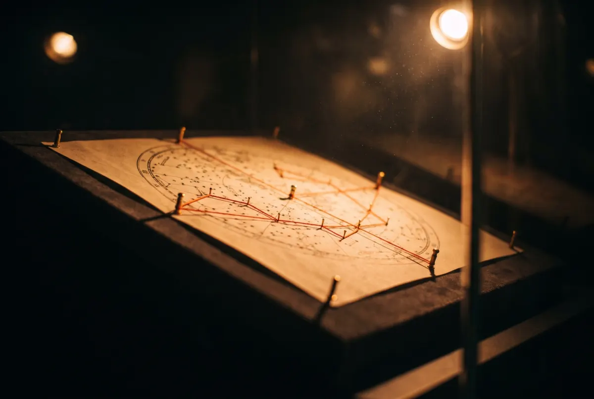 A star chart on a sloped lectern inside a glass case, pinned with brass pins and strung from star to star with red thread.
