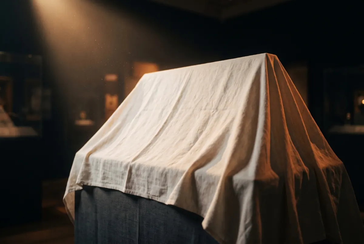 A display case draped in a white sheet, lit from above in a dark gallery, its contents hidden.