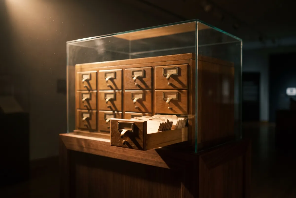 A wooden card catalogue inside a glass case, one drawer pulled open to show its index cards, under a warm lamp.