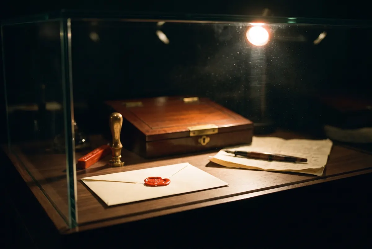 A writing box, a brass seal, a fountain pen and a letter inside a glass case, with an envelope closed in vermilion wax at the front.