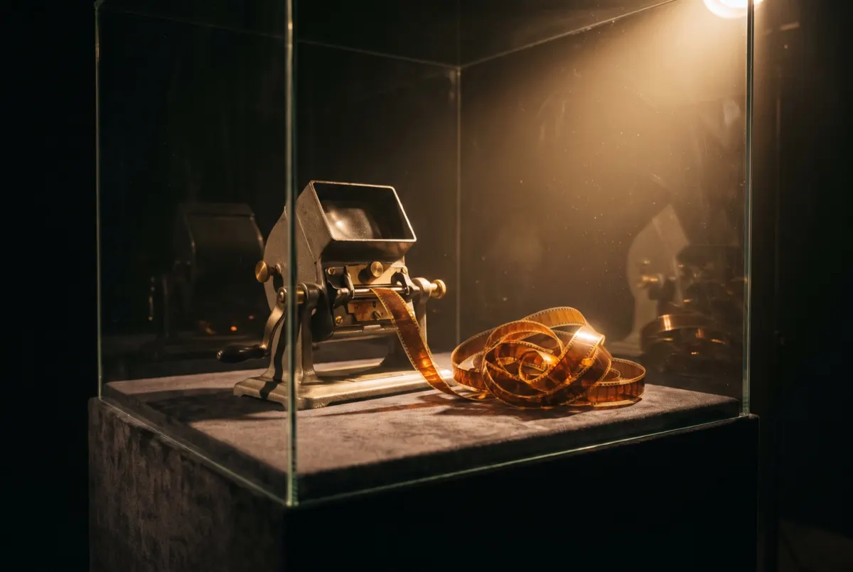 A hand-cranked film viewer and a loose coil of amber film on grey felt, inside a glass case under a single lamp.