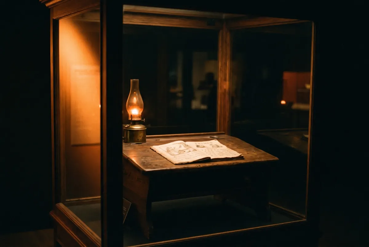 A child's wooden school desk with an open book and a lit oil lamp, inside a tall wooden display case.