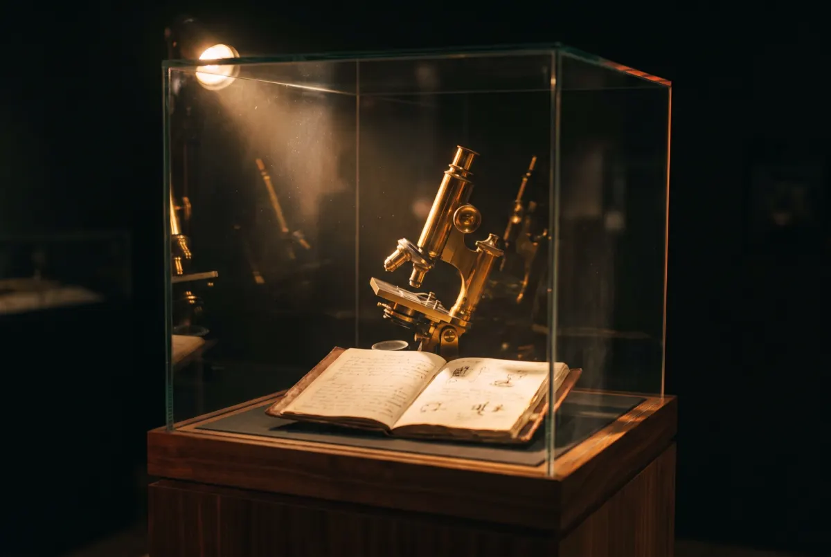 A brass microscope standing over an open notebook of drawings, inside a glass case on a wooden plinth.