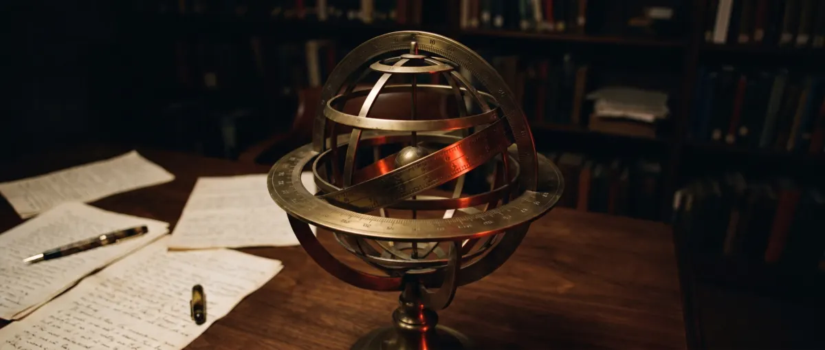 A brass armillary sphere on a wooden desk scattered with handwritten pages and a fountain pen, in a library at night.