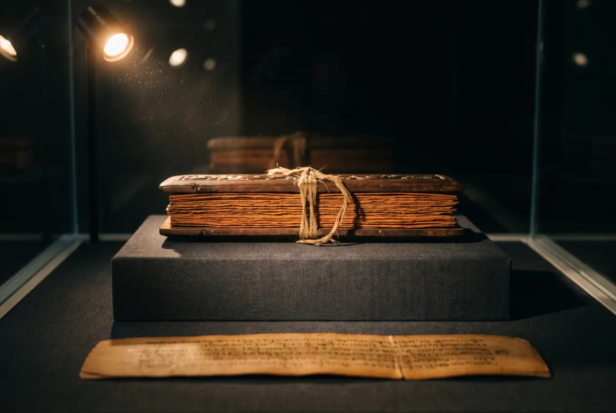 A palm-leaf manuscript bound between boards and tied with cord, on a grey plinth inside a glass case, with one loose leaf of script laid before it.